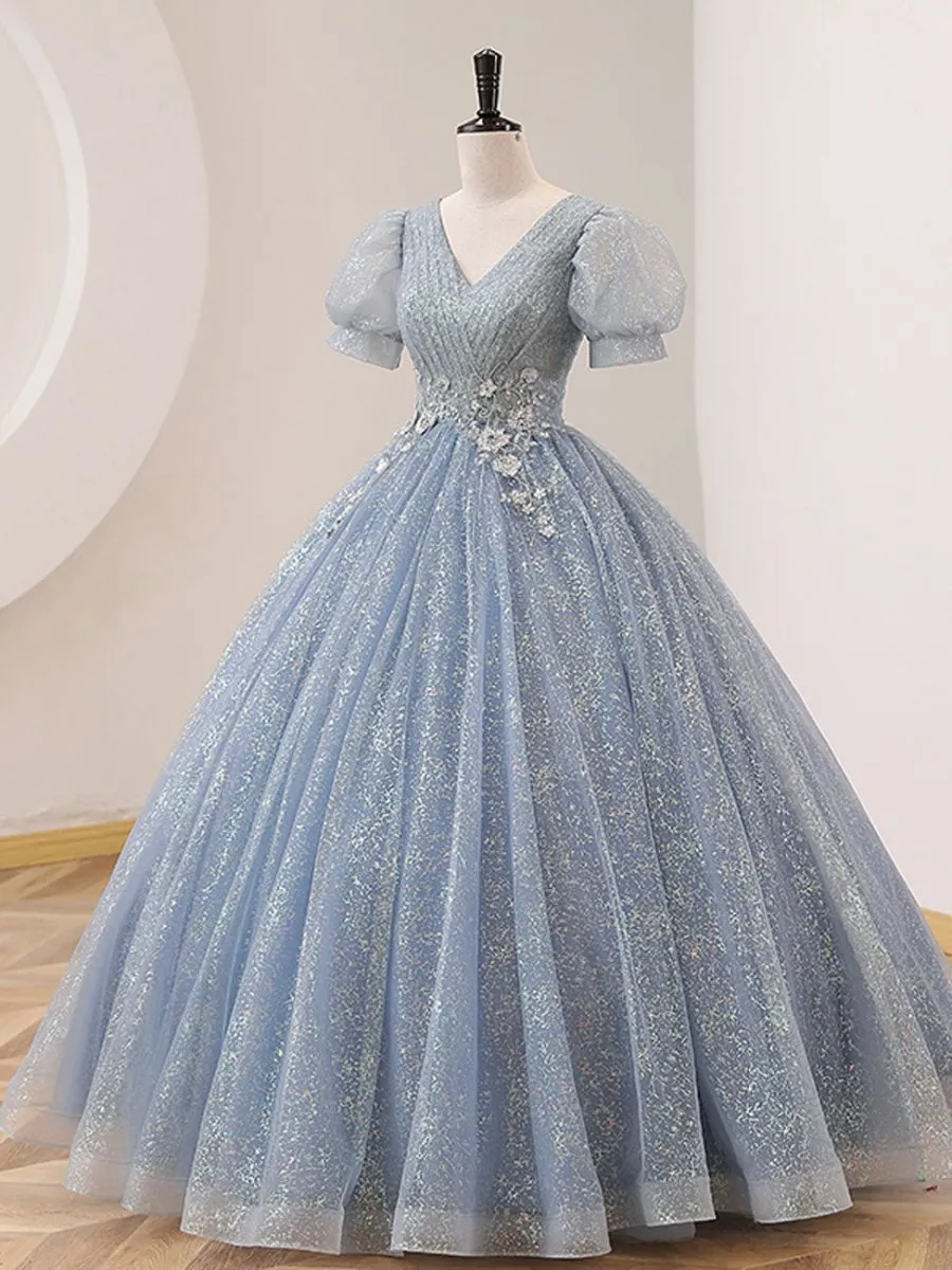 Quinceanera Dresses V Neck Tulle Sequin Long Prom Dresses Formal Sweet Dresses