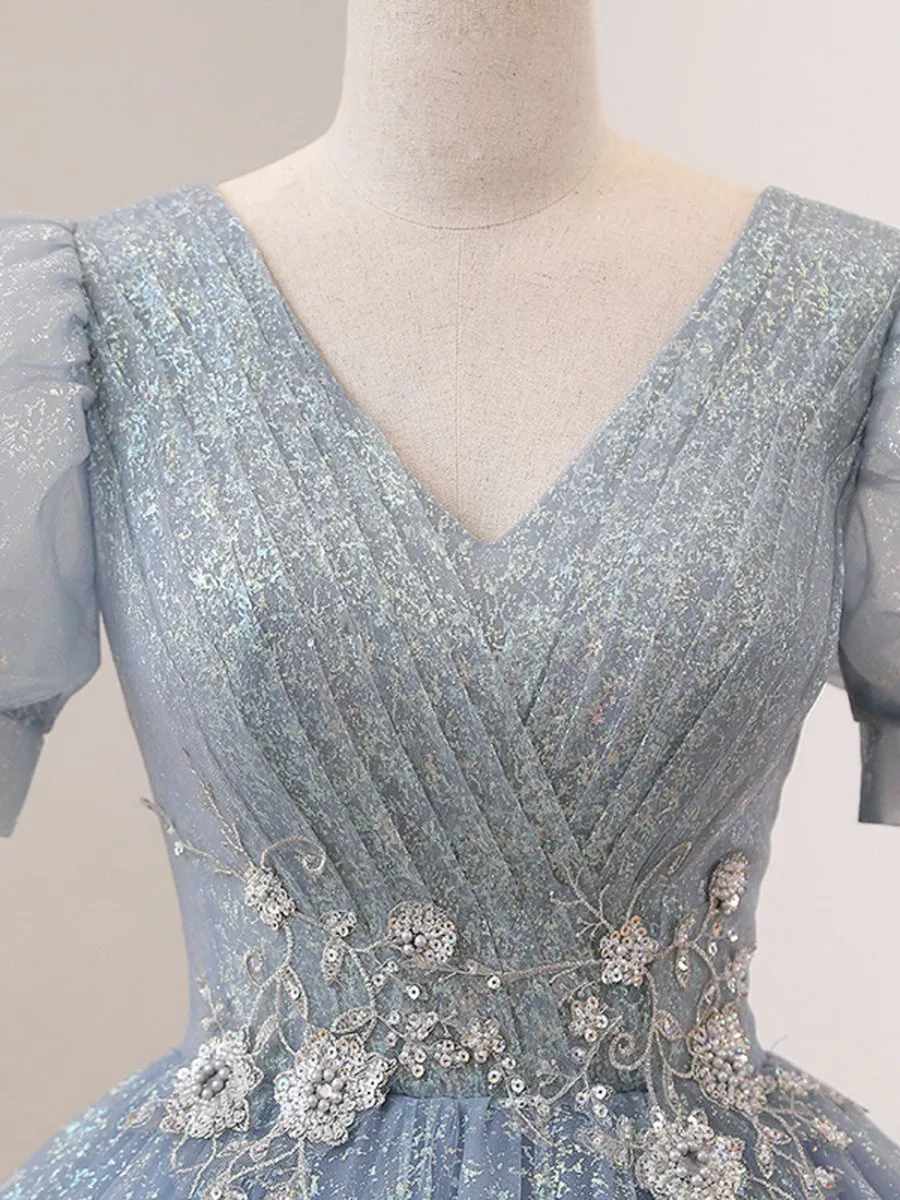 Quinceanera Dresses V Neck Tulle Sequin Long Prom Dresses Formal Sweet Dresses