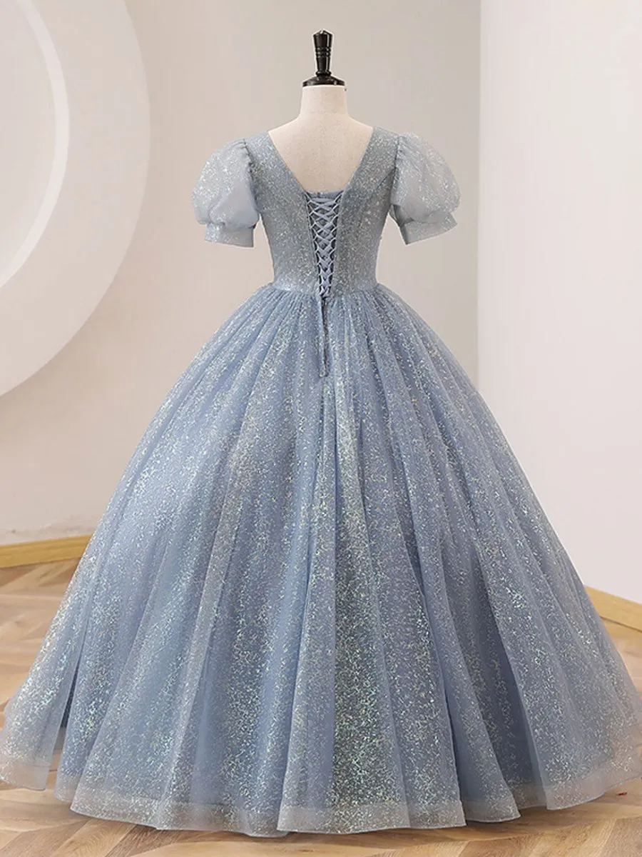 Quinceanera Dresses V Neck Tulle Sequin Long Prom Dresses Formal Sweet Dresses