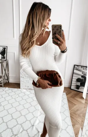 Ribbed Knit Long Sleeve Midi Dress with V-Neckline