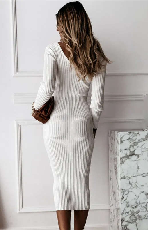 Ribbed Knit Long Sleeve Midi Dress with V-Neckline