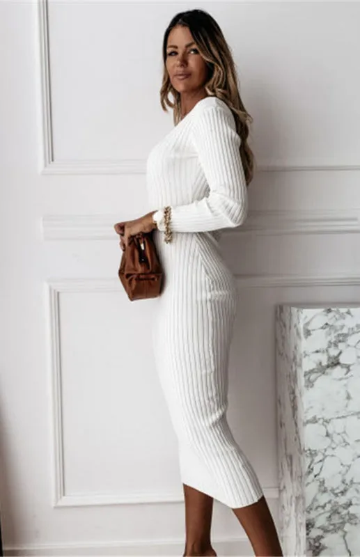 Ribbed Knit Long Sleeve Midi Dress with V-Neckline