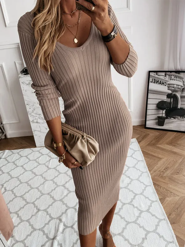 Ribbed Knit Long Sleeve Midi Dress with V-Neckline