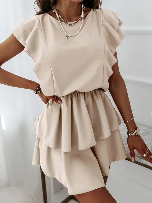 Ruffle Sleeve Double Layer Dress with Tiered Skirt
