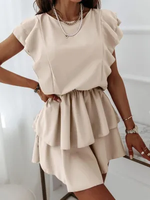 Ruffle Sleeve Double Layer Dress with Tiered Skirt