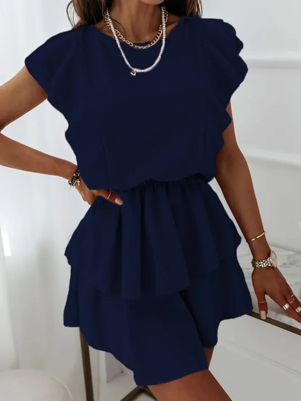 Ruffle Sleeve Double Layer Dress with Tiered Skirt