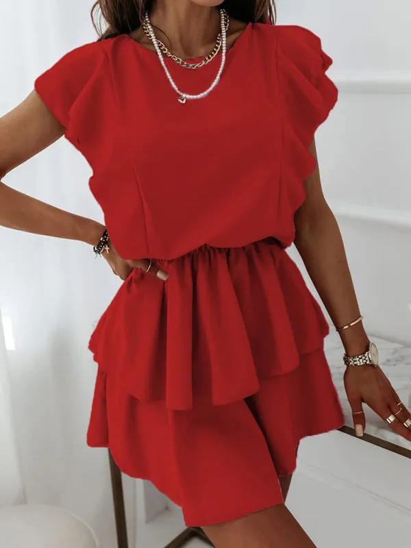 Ruffle Sleeve Double Layer Dress with Tiered Skirt