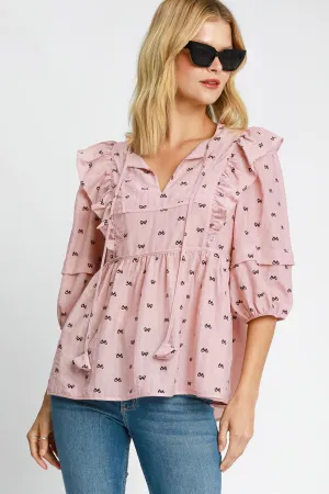 Ruffled Bow Print Tie Neck Peplum Blouse | Summer Women's Fashion