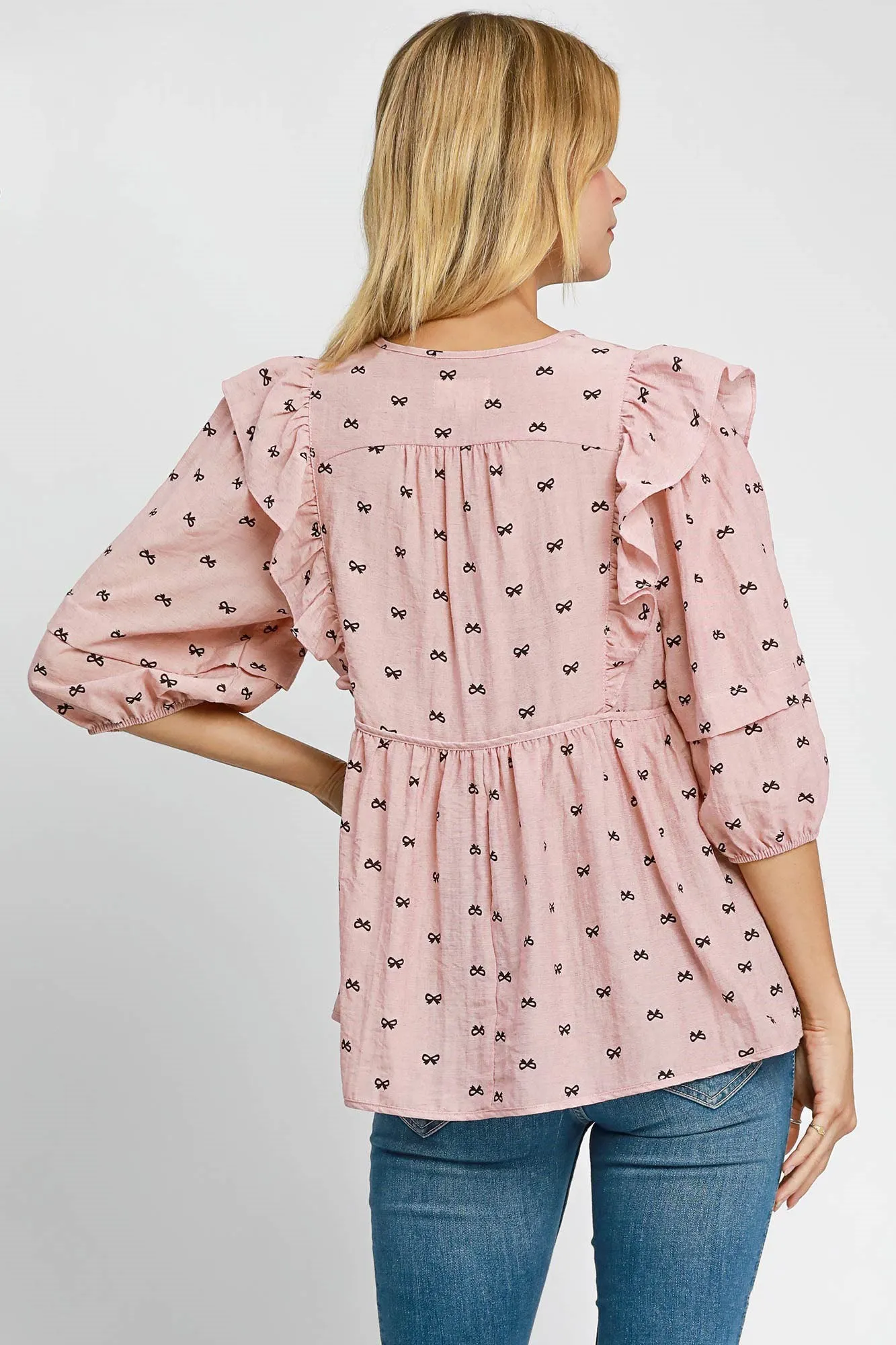Ruffled Bow Print Tie Neck Peplum Blouse | Summer Women's Fashion