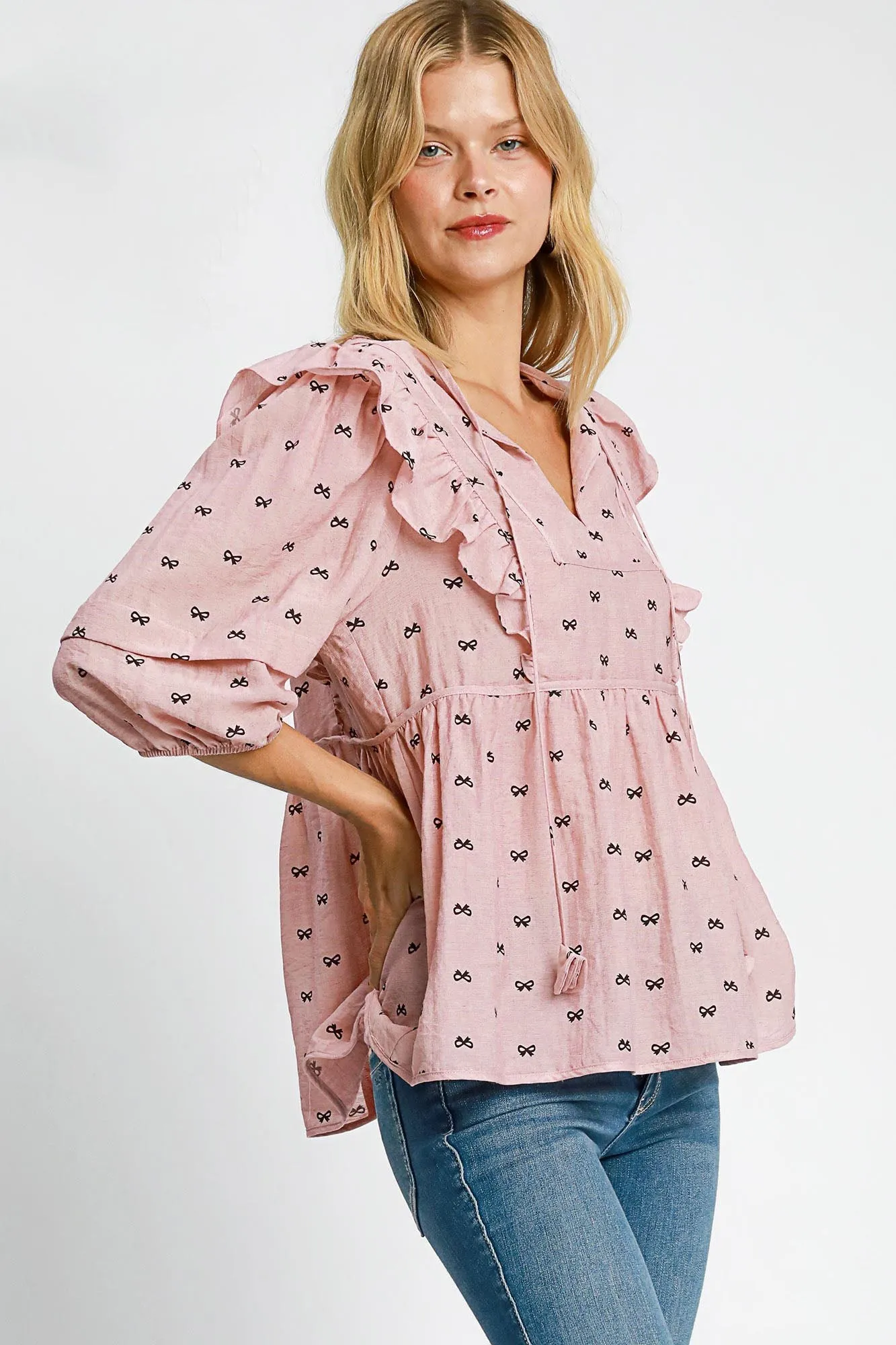 Ruffled Bow Print Tie Neck Peplum Blouse | Summer Women's Fashion