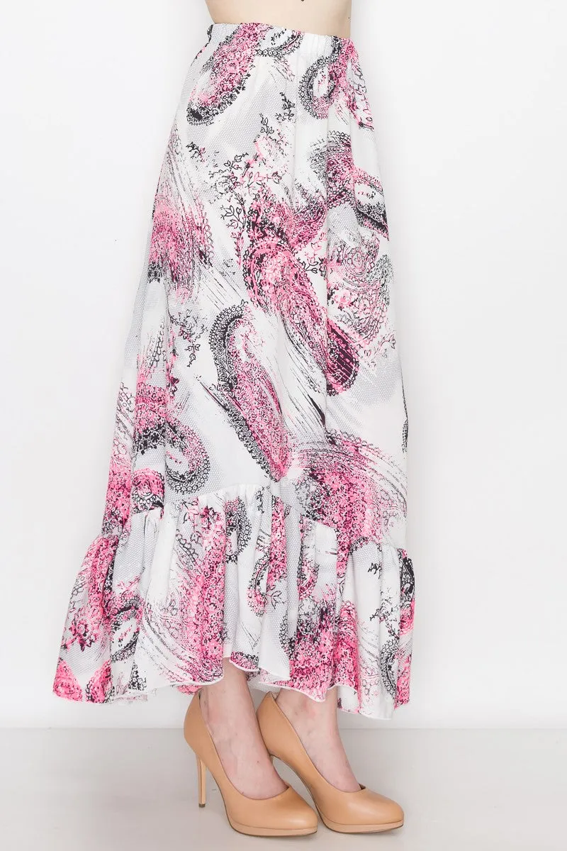 Saffron Bloom: Pink Paisley Flared Maxi Skirt