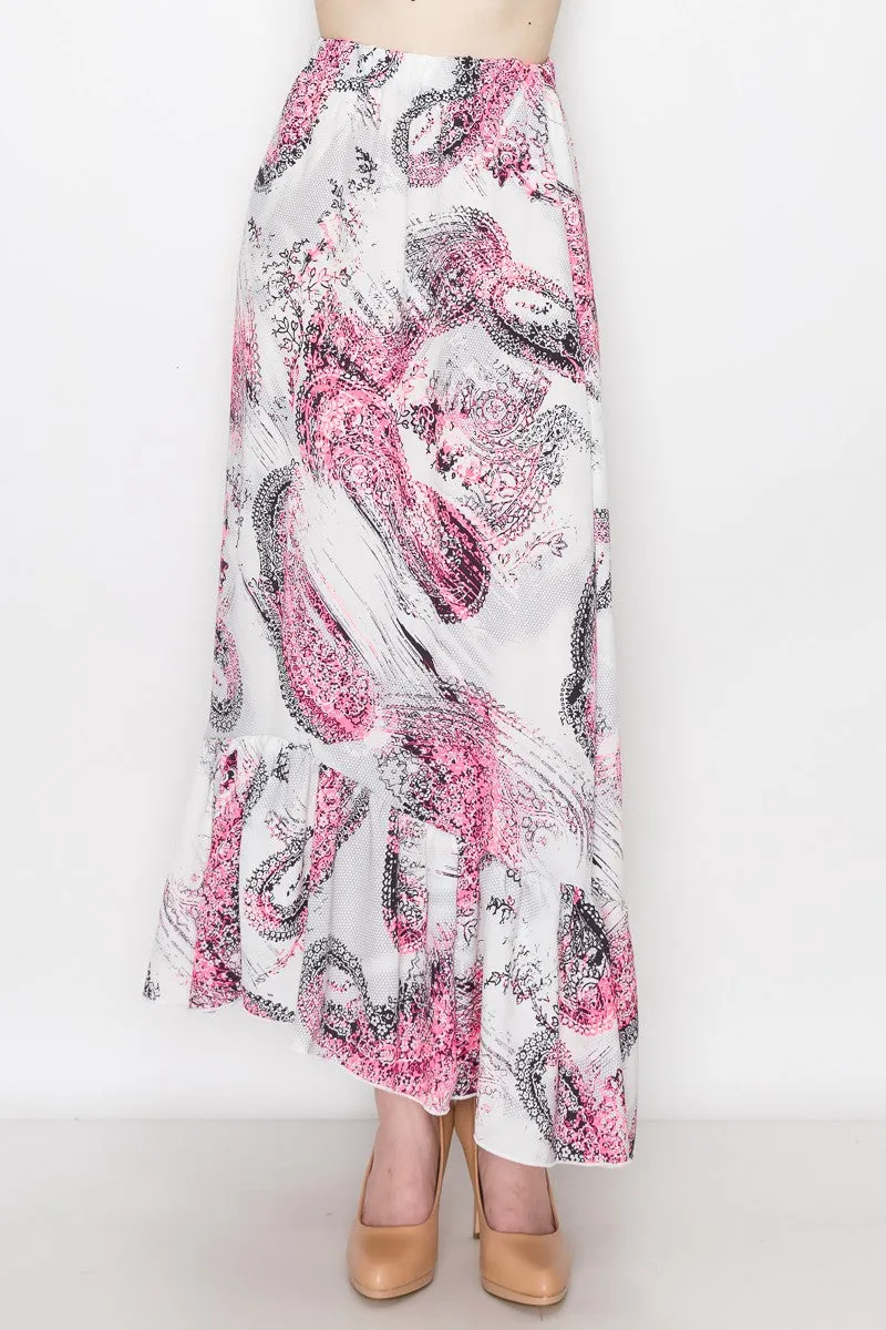 Saffron Bloom: Pink Paisley Flared Maxi Skirt