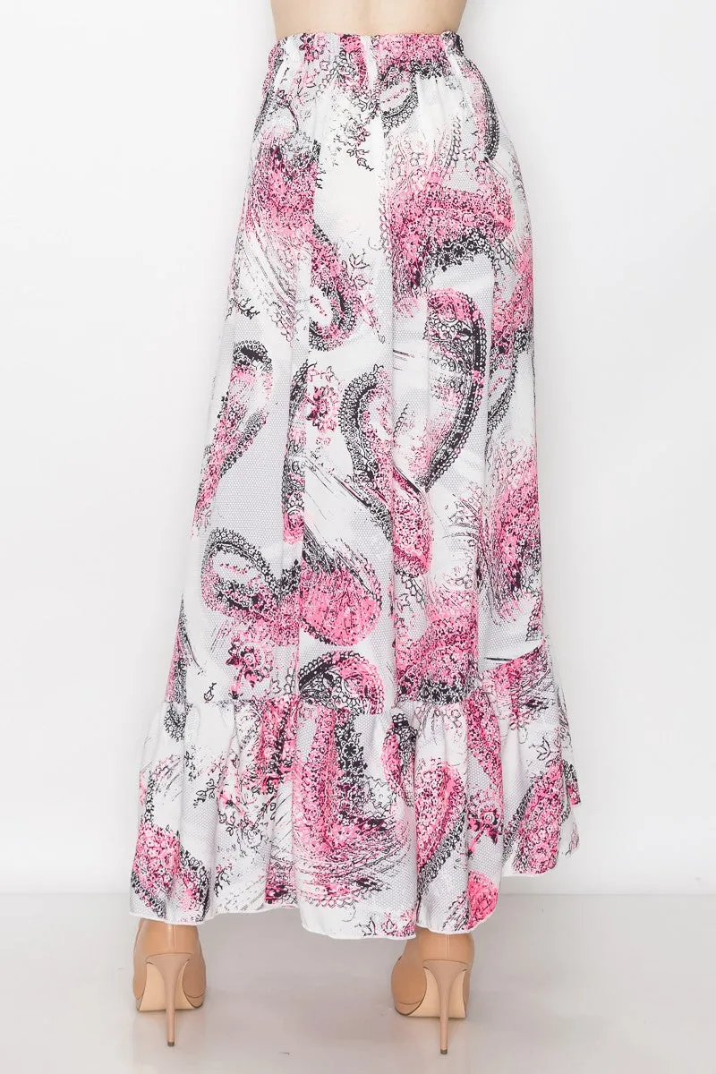 Saffron Bloom: Pink Paisley Flared Maxi Skirt