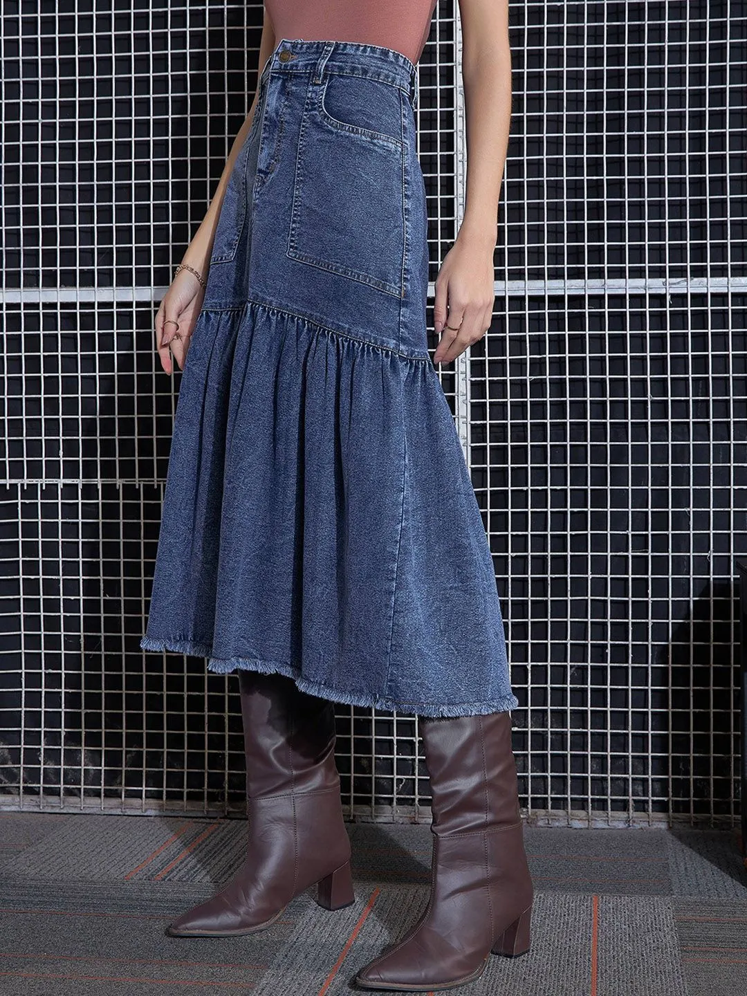 SASSAFRAS Denim Midi Flared Skirt