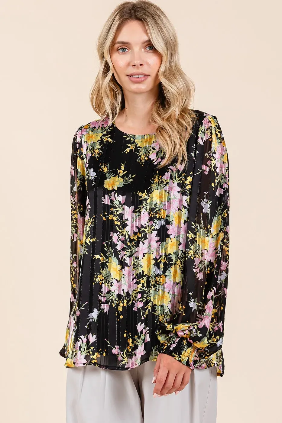 Satin Gold Lurex Striped Chiffon Top – Elegant Long Sleeve Blouse