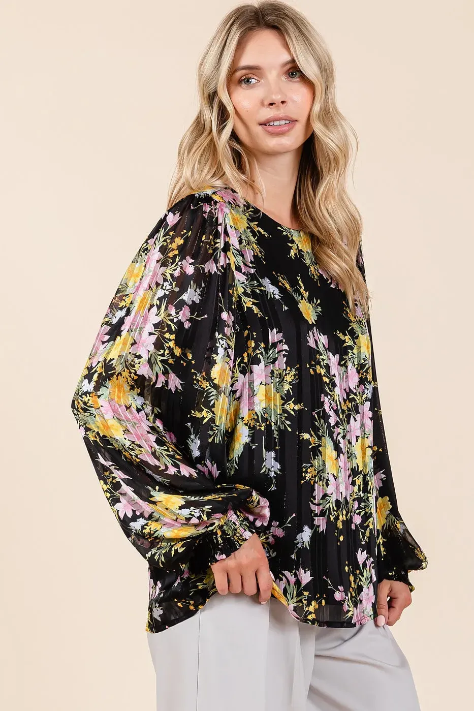 Satin Gold Lurex Striped Chiffon Top – Elegant Long Sleeve Blouse