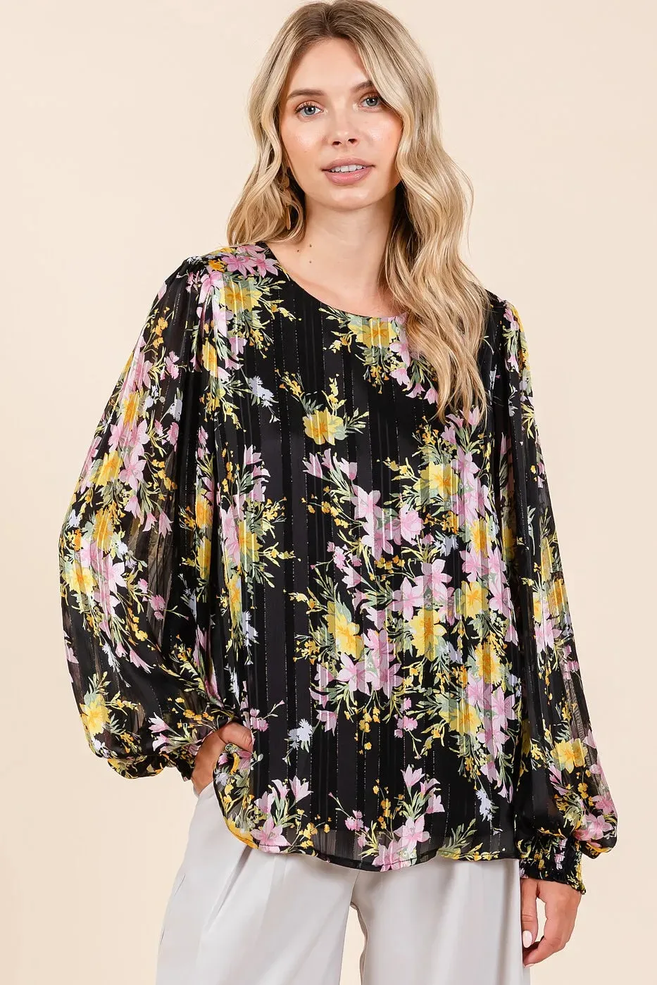 Satin Gold Lurex Striped Chiffon Top – Elegant Long Sleeve Blouse