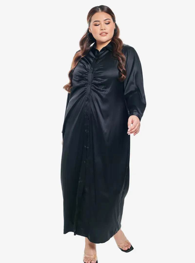 Satin Longline Ruched Shirt Dress