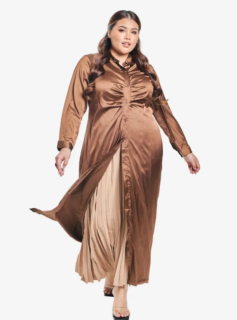 Satin Longline Ruched Shirt Dress