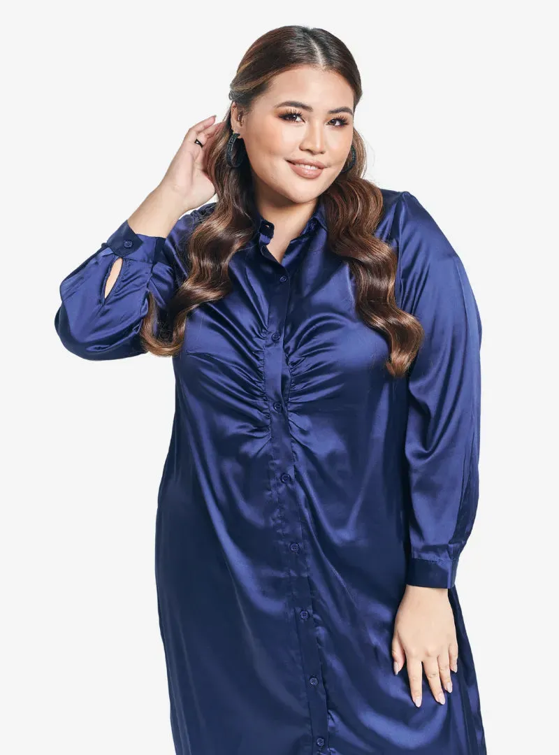 Satin Longline Ruched Shirt Dress