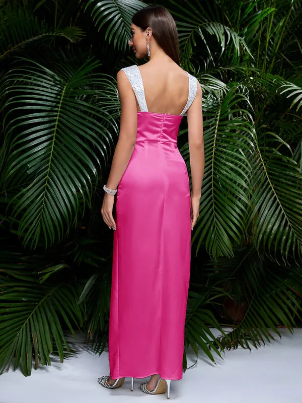 Satin Maxi Evening Dress with Sequin Stitching and High Slit