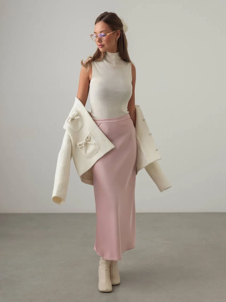Satin Midi Skirt in Pastel Pink