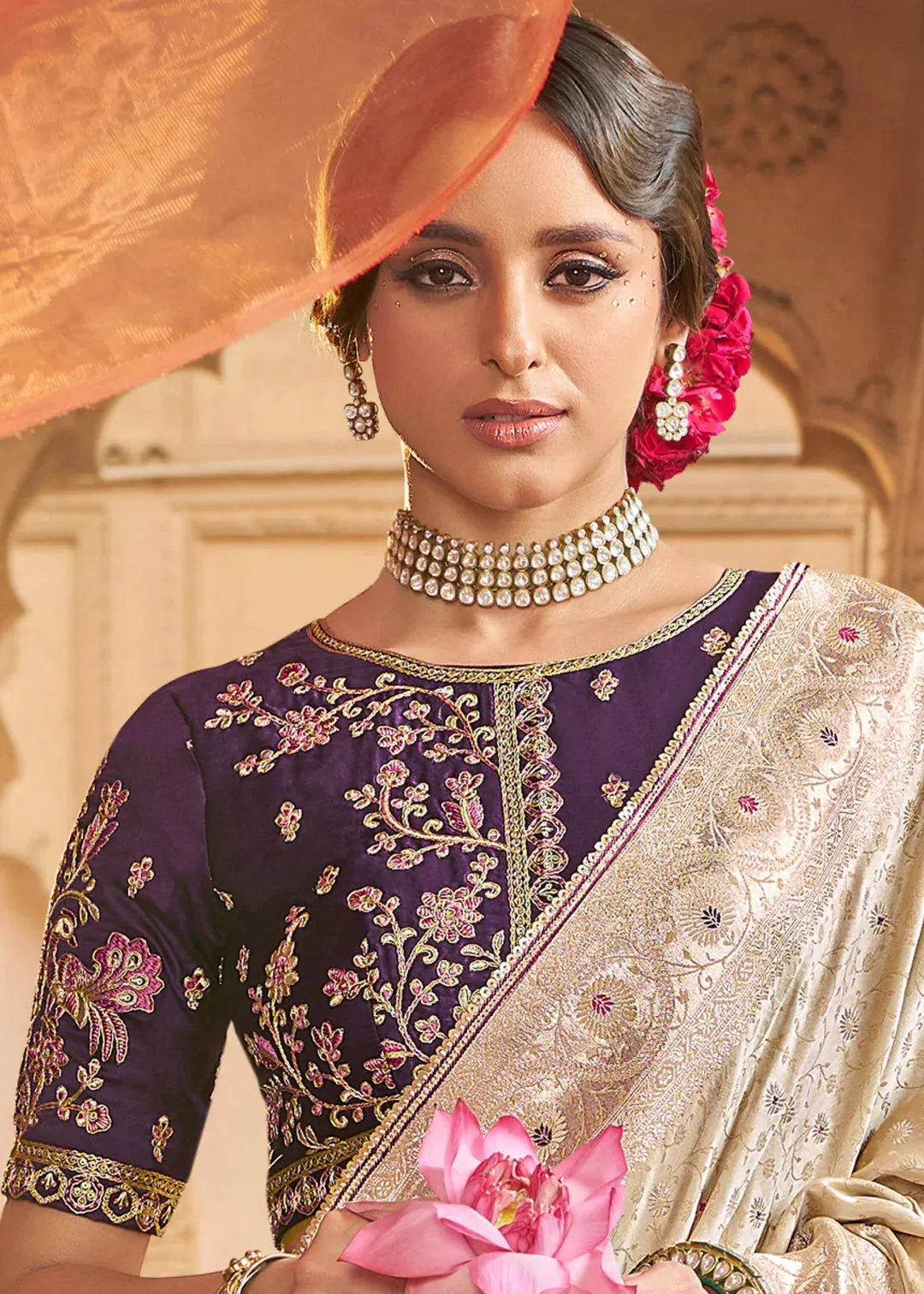 Satin Silk Contrast Embroidered Saree