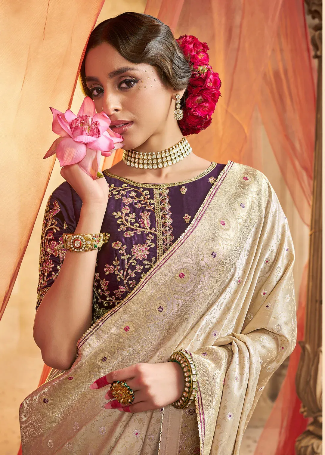 Satin Silk Contrast Embroidered Saree