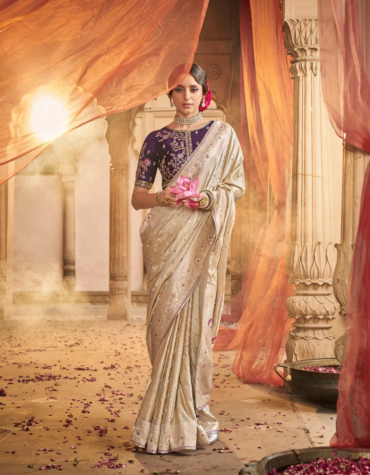 Satin Silk Contrast Embroidered Saree