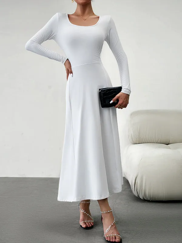 Scoop Neckline Maxi Dress with Long Sleeves and Solid Print
