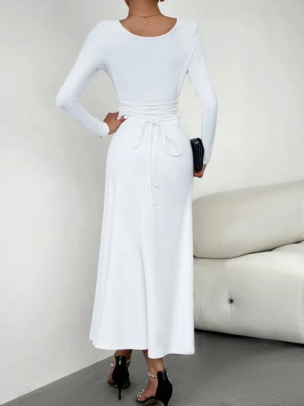 Scoop Neckline Maxi Dress with Long Sleeves and Solid Print