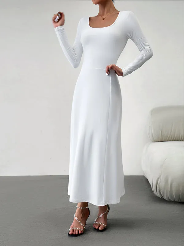 Scoop Neckline Maxi Dress with Long Sleeves and Solid Print