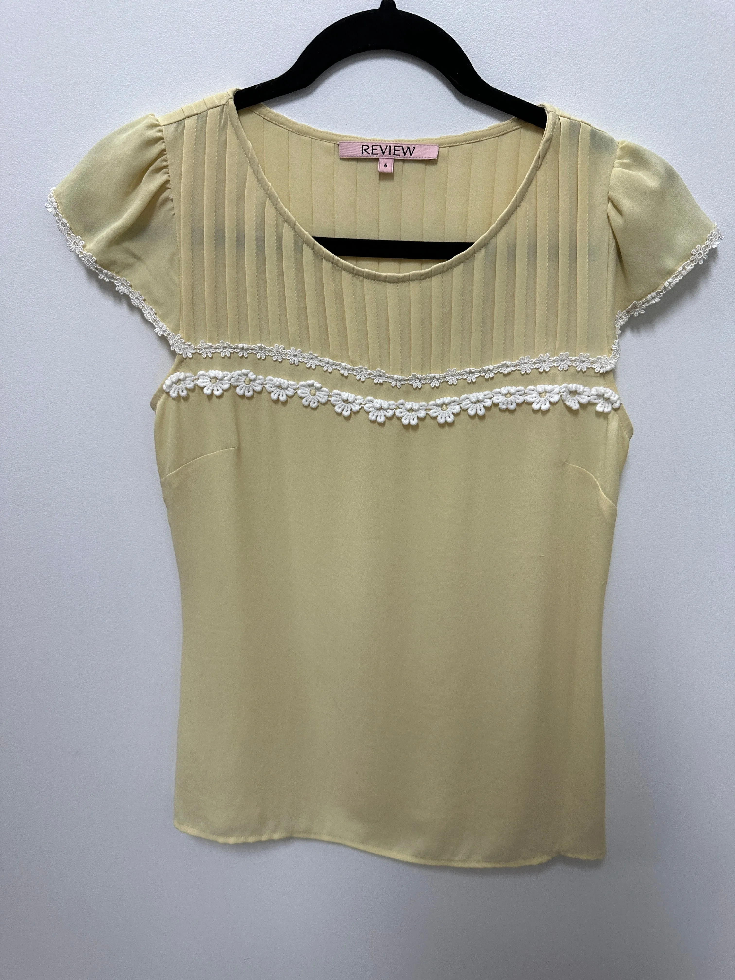 Sheer Yellow Pleated Short Sleeve Blouse