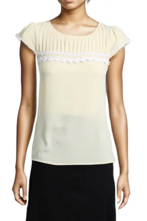 Sheer Yellow Pleated Short Sleeve Blouse