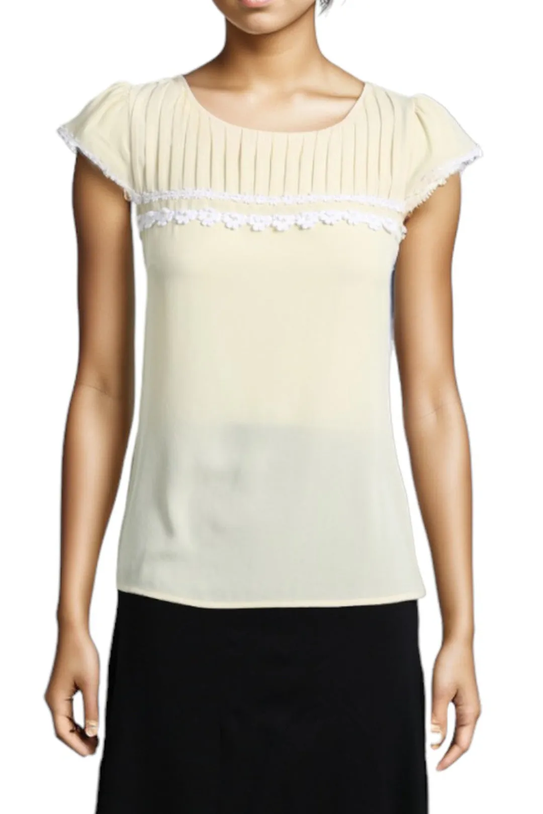 Sheer Yellow Pleated Short Sleeve Blouse