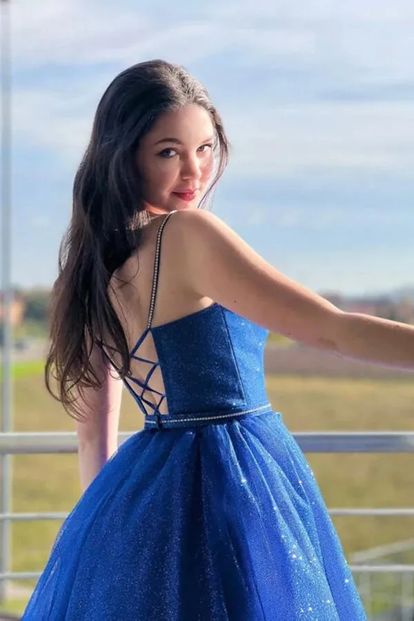 Shiny Blue Tulle A-line V-neck Long Formal Dresses, Simple Prom Dresses, MP798