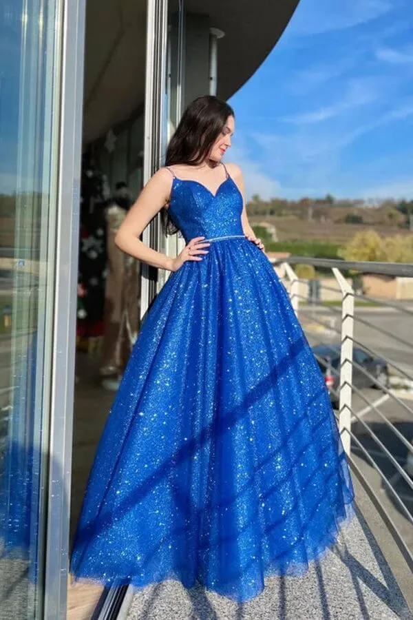 Shiny Blue Tulle A-line V-neck Long Formal Dresses, Simple Prom Dresses, MP798