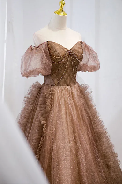 Short Puffy Sleeves Brown Off the Shoulder Long Formal Dress