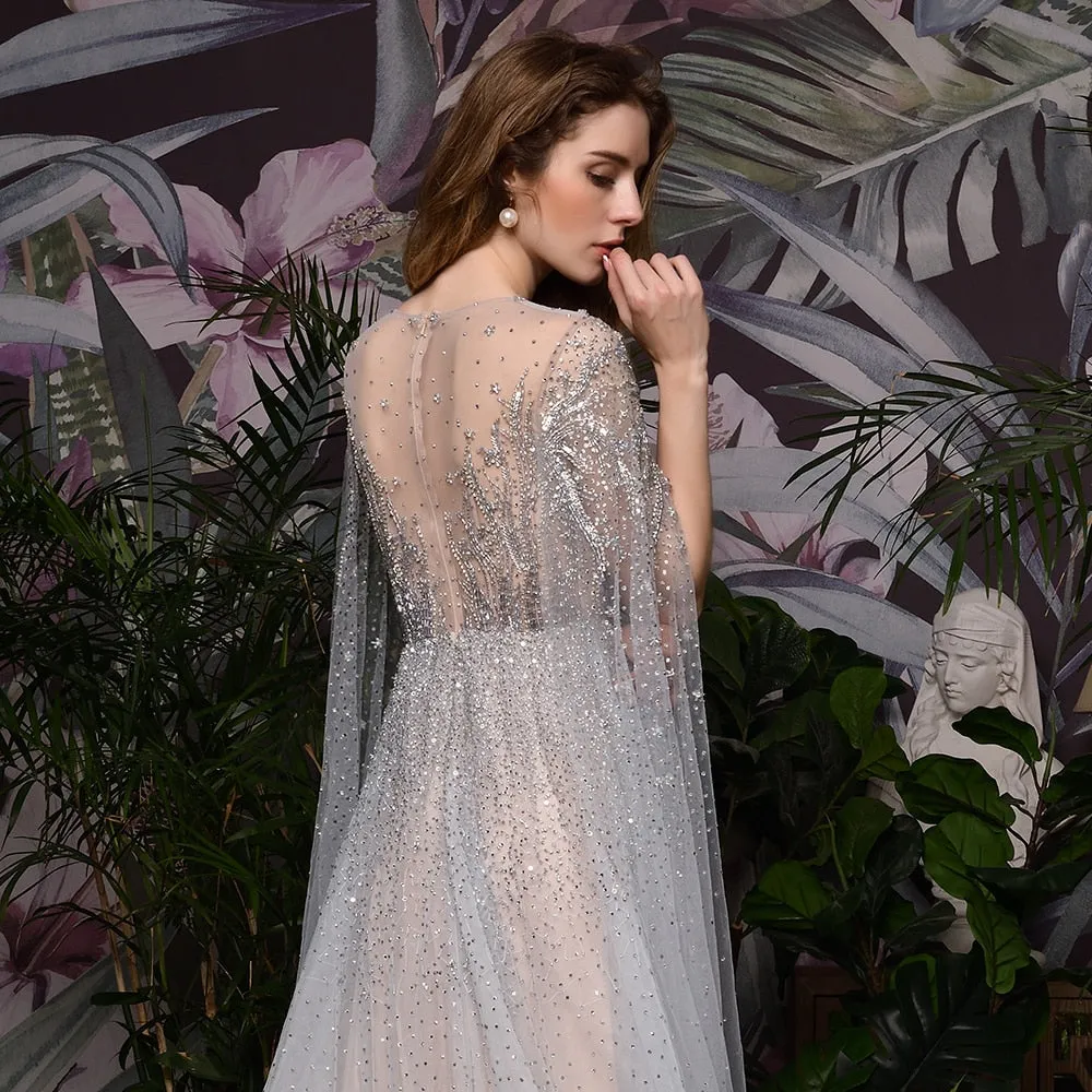 Silver Grey Luxury Dubai Evening Dresses Long Sleeves O-Neck A-Line Sexy Evening Gowns