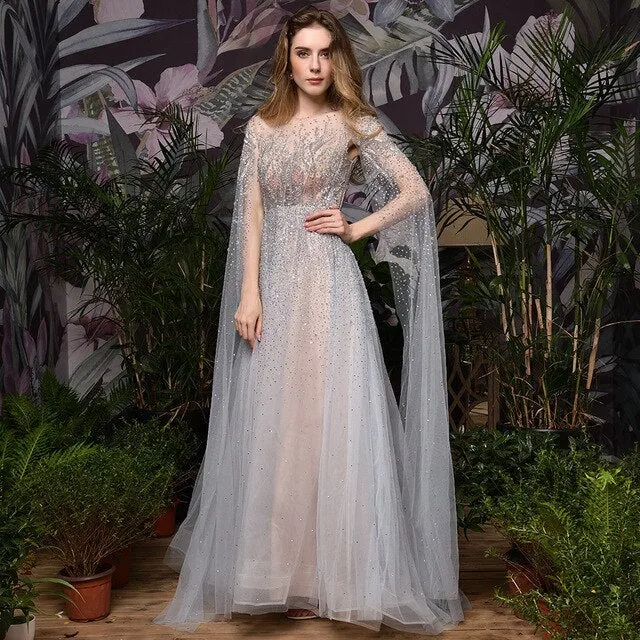 Silver Grey Luxury Dubai Evening Dresses Long Sleeves O-Neck A-Line Sexy Evening Gowns