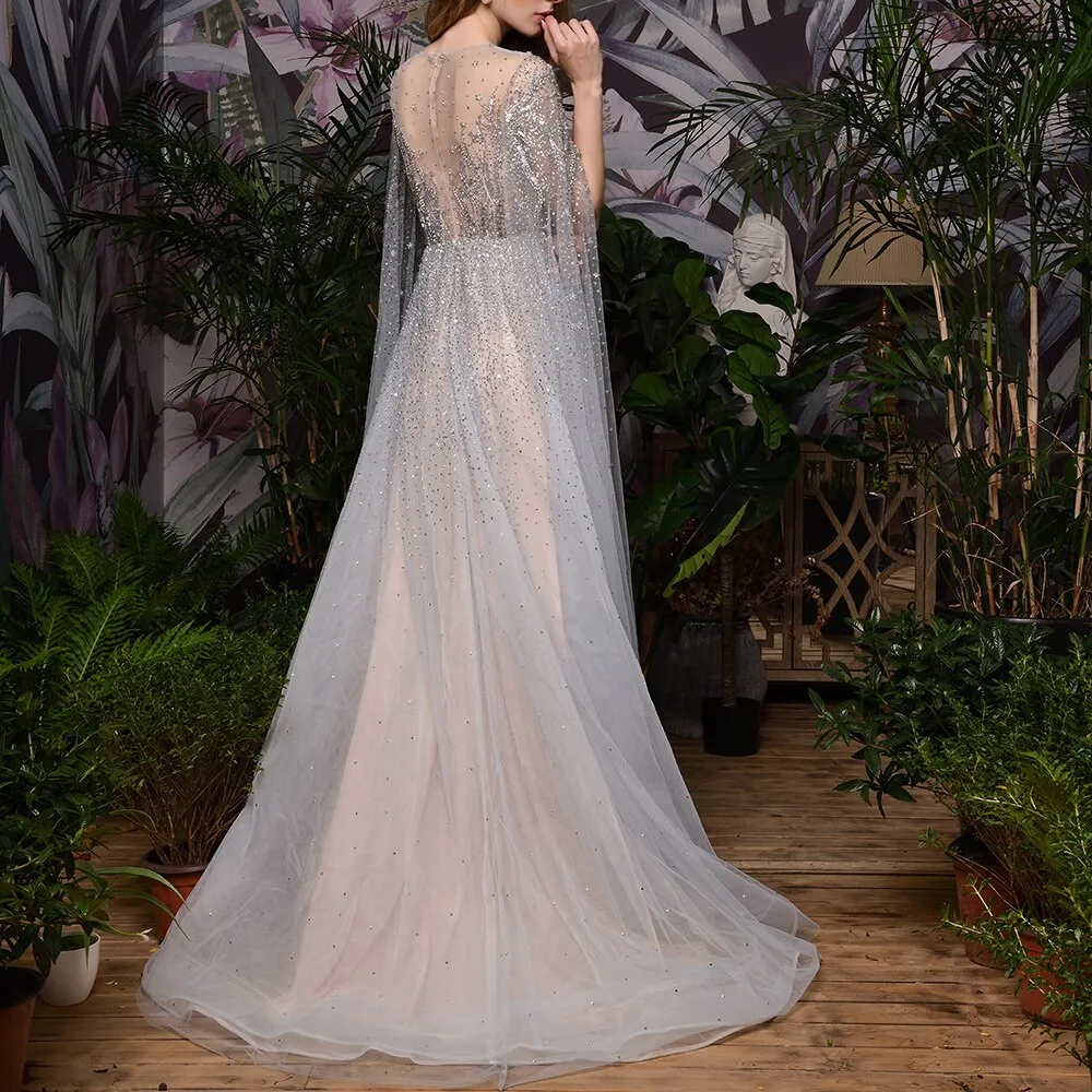Silver Grey Luxury Dubai Evening Dresses Long Sleeves O-Neck A-Line Sexy Evening Gowns