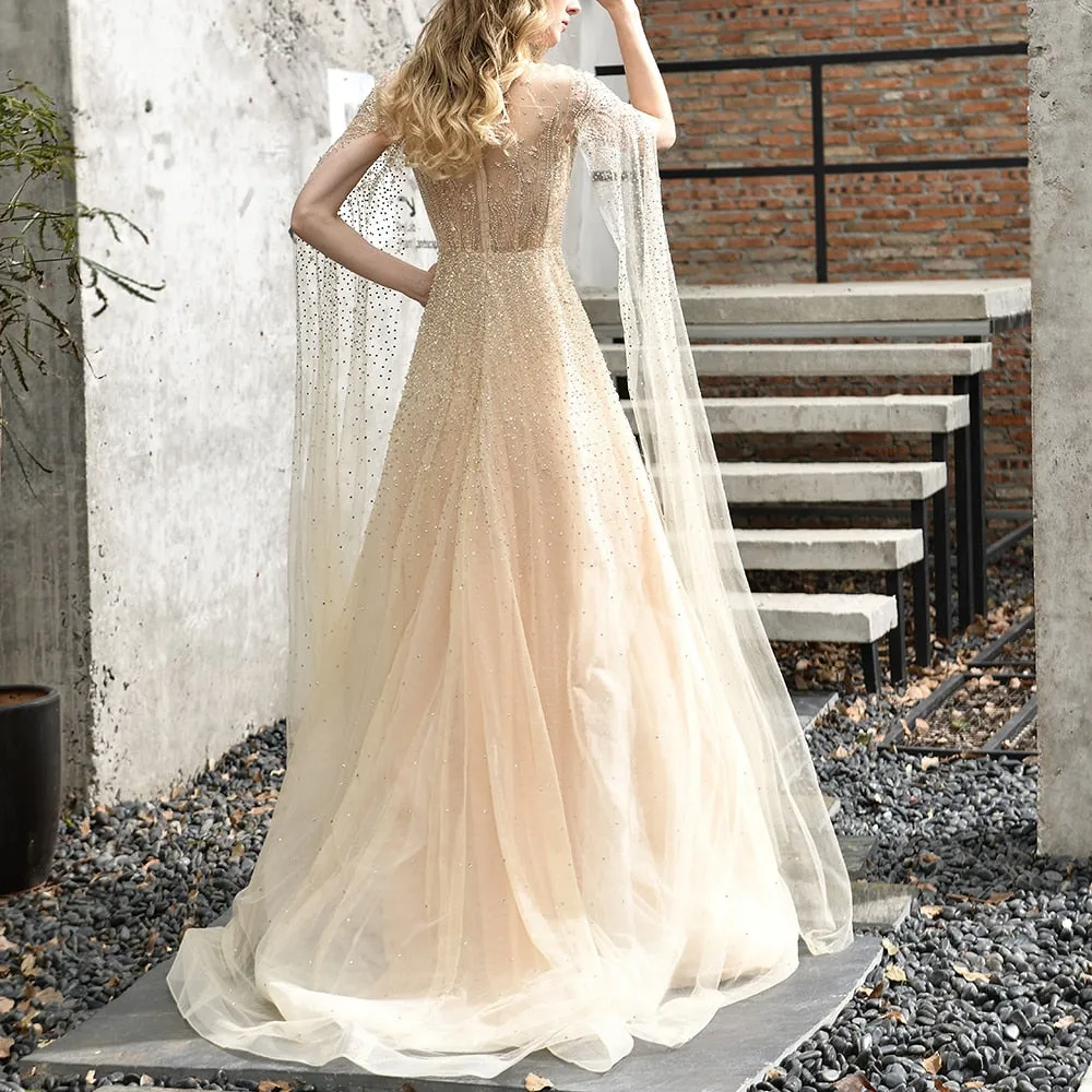 Silver Grey Luxury Dubai Evening Dresses Long Sleeves O-Neck A-Line Sexy Evening Gowns