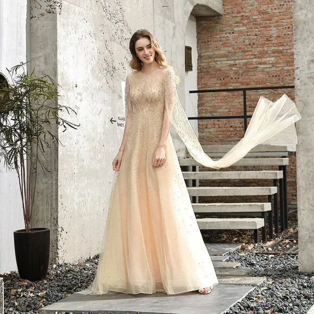 Silver Grey Luxury Dubai Evening Dresses Long Sleeves O-Neck A-Line Sexy Evening Gowns