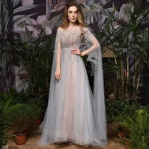 Silver Grey Luxury Dubai Evening Dresses Long Sleeves O-Neck A-Line Sexy Evening Gowns