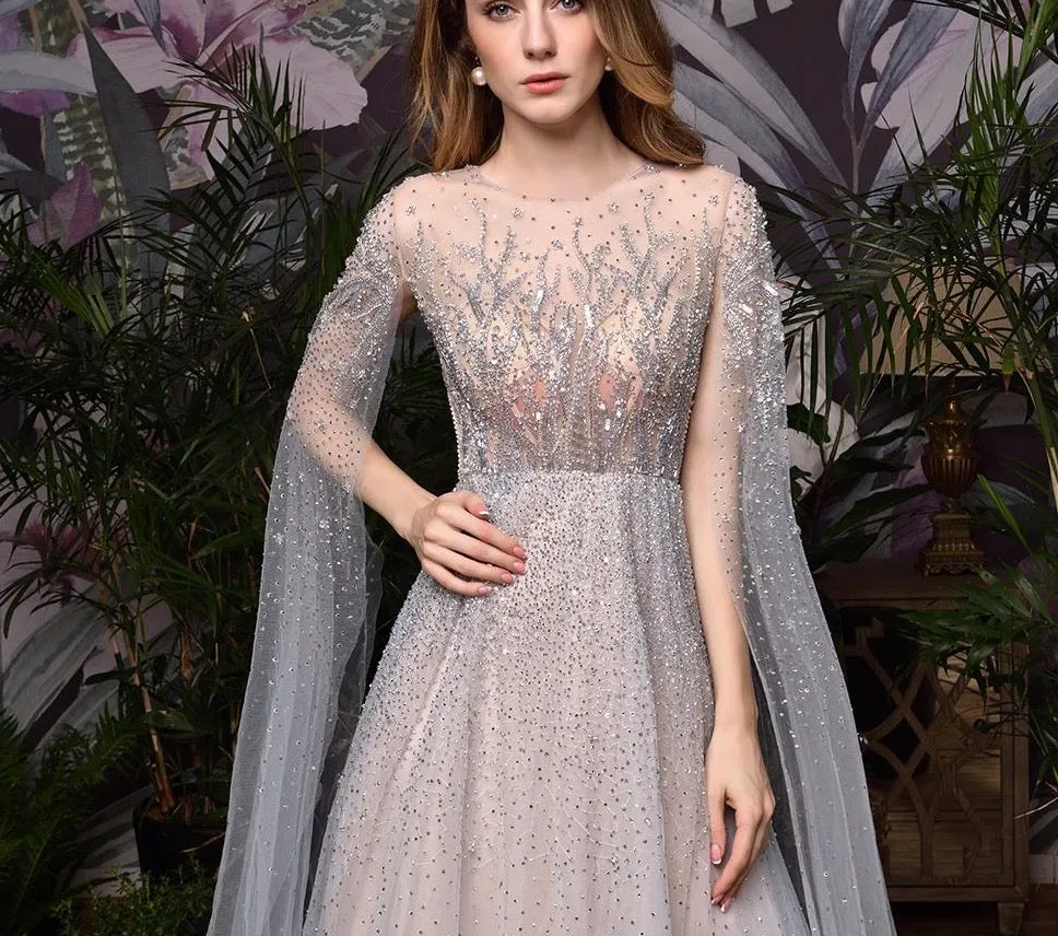 Silver Grey Luxury Dubai Evening Dresses Long Sleeves O-Neck A-Line Sexy Evening Gowns