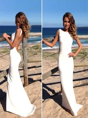 Simple White Backless Long Mermaid Prom Dresses, Sexy Sleeveless Formal Evening Dresses