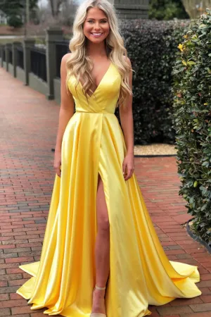 Simple yellow satin long prom dress yellow formal dress