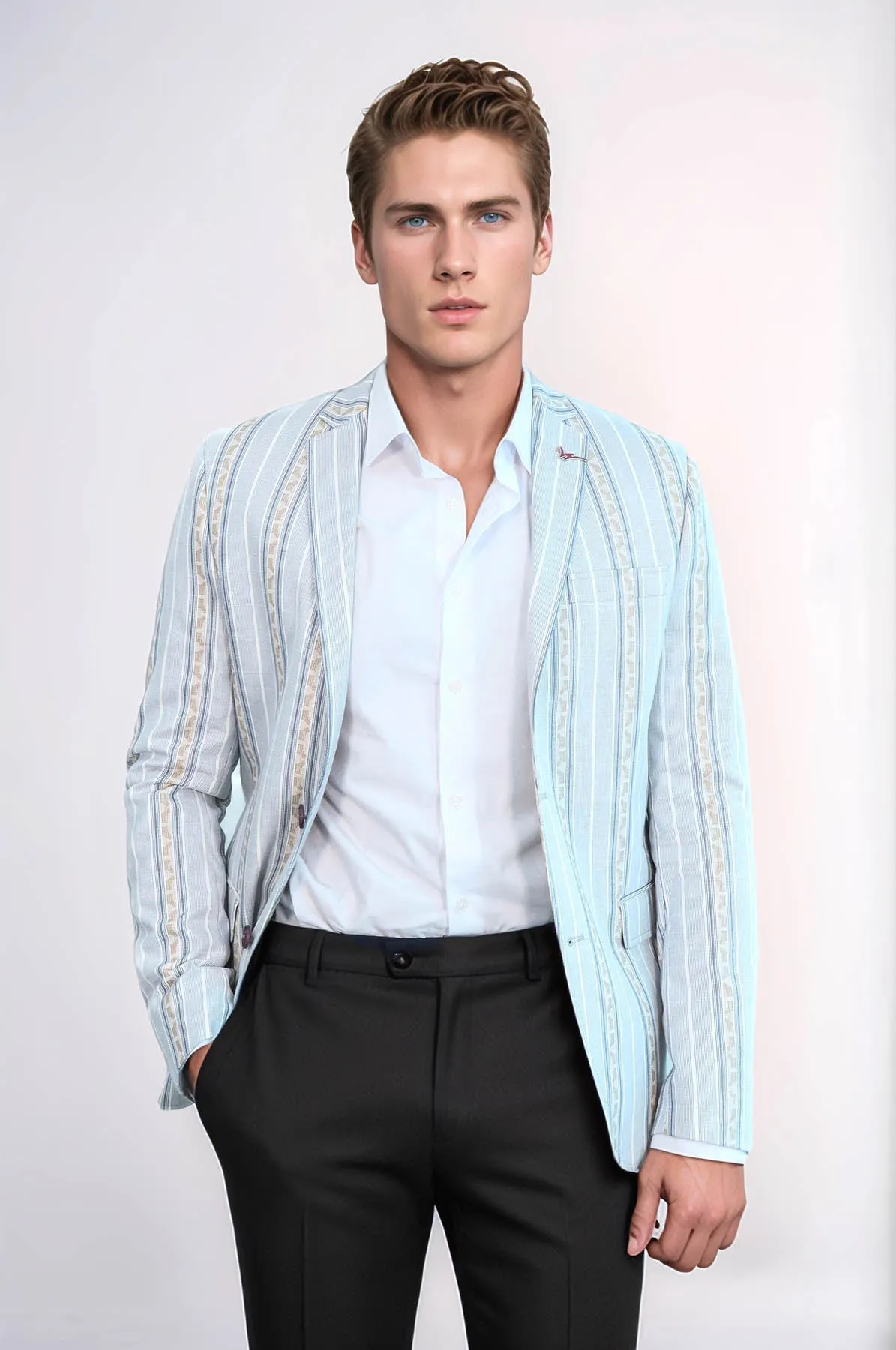 Slim Fit Striped Blue Men Blazer - Wessi