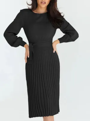 Slim Fit Sweater Dress with Pleated Skirt and Belted Waist
