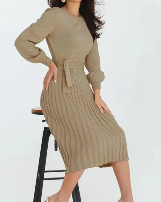 Slim Fit Sweater Dress with Pleated Skirt and Belted Waist